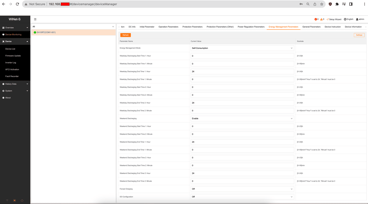 Winet-S energy management parameters