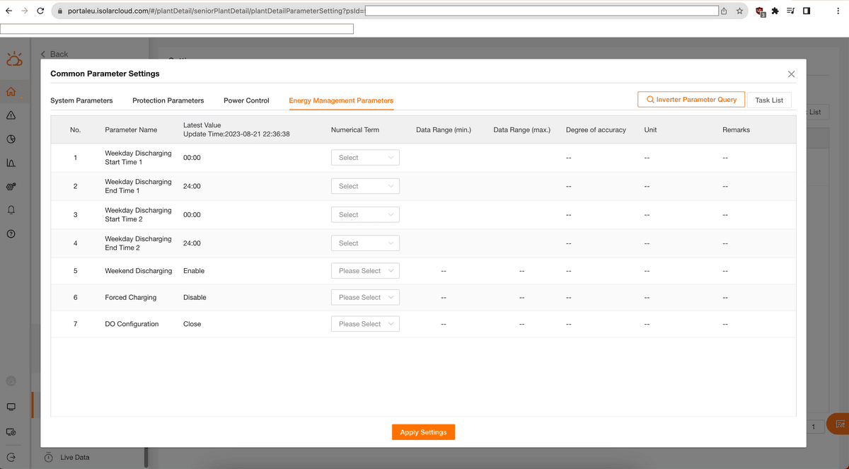 iSolarCloud energy management parameters